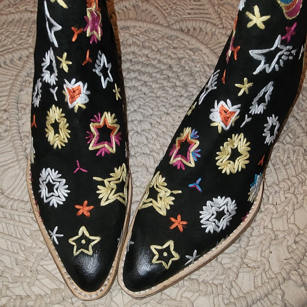 Free People Embroidered Star Ankle Boots - Black Multi